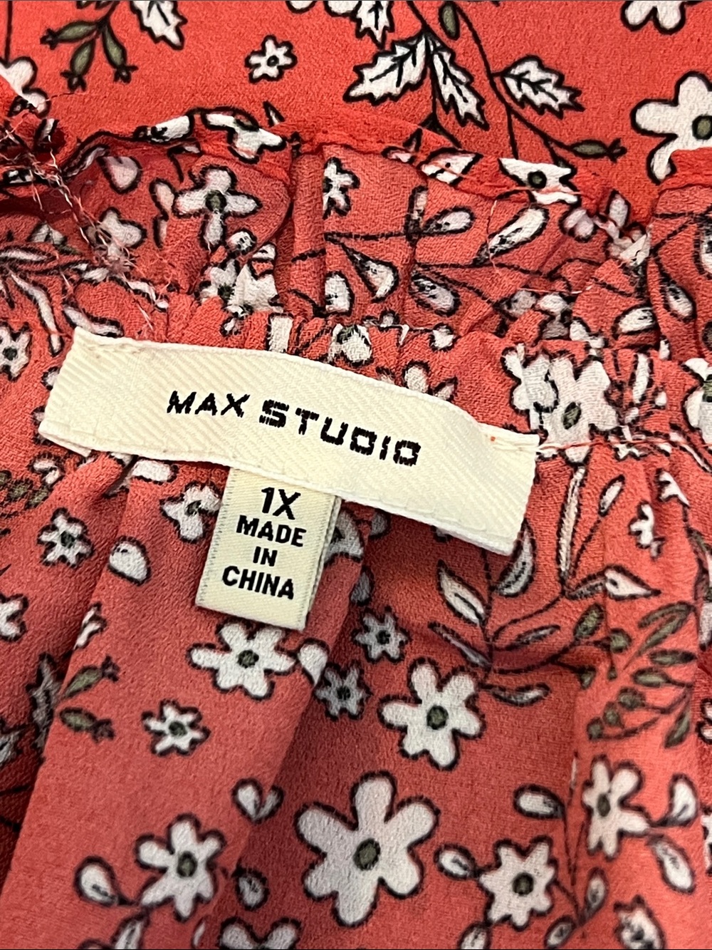 Max Studio 1X Coral Floral Peasant Blouse | Ruffle Split Neck Boho Top Plus Size - Picture 11 of 16
